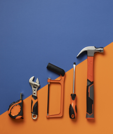 top view steel hammer with other construction elements tools 1 min